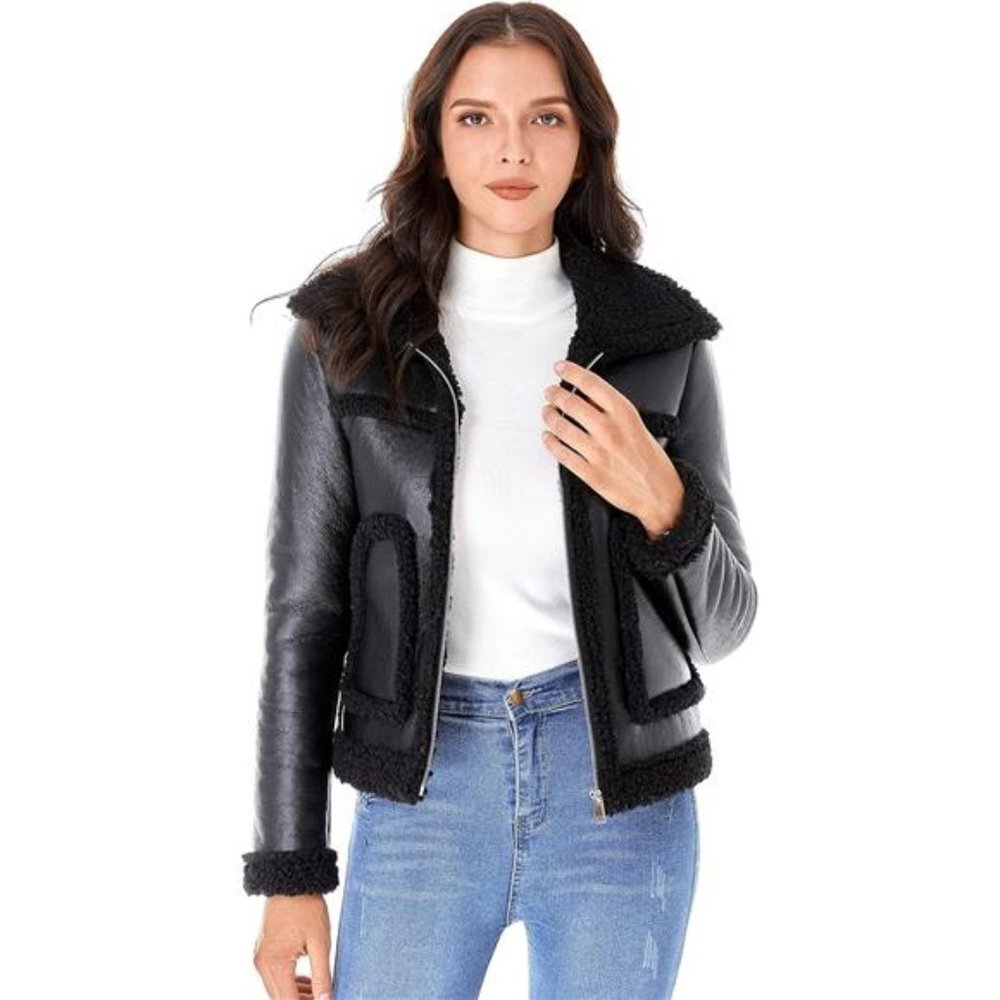 Black Sherpa Fur Trim Faux Shearing Fur Winter Coat Faux Leather Bomber Jacket - Picture 2 of 5